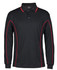 Long sleeve black polo shirt with red piping and a collar, featuring a logo on the chest.