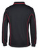 A black long-sleeve polo shirt with red piping and a logo on the back.
