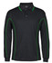 A long-sleeve black polo shirt with green piping and a branded logo on the collar.