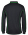 A black long-sleeve polo shirt featuring green piping along the seams and a logo on the front.