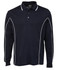 A navy long-sleeve polo shirt featuring white piping and a classic polo collar. It includes a logo on the chest.