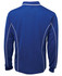 A blue long-sleeve polo shirt with white piping along the seams and a collar. It features a logo on the front.