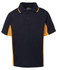 A navy and yellow polo shirt with a collar, featuring short sleeves and a logo at the neck.