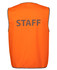 A safety vest in bright orange colour with a grey trim and a logo, labelled with the word "STAFF" on the back.