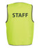 A safety vest in bright lime green featuring a logo, with "STAFF" printed on the back in bold lettering.