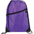 A purple drawstring sports pack with a zippered pocket and black accents, featuring a logo.