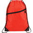 A red drawstring sportspack with a black zippered pocket and black accents. It features adjustable drawcord straps and a logo.
