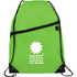 A bright green drawstring sportspack with a black zippered pocket and a logo. Features adjustable drawstrings.