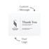 A white thank you card with a logo and space for a custom message, featuring black text and a minimalist design.