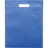 A blue non-woven tote bag with a top handle and a smooth surface. Features a logo or branding.