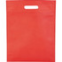 A red non-woven tote bag with a cut-out handle and a simple design featuring a logo.