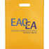 A yellow non-woven tote bag featuring a logo and a top handle for easy carrying.