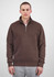 A brown 1/4 zip jumper for men, featuring a collar and ribbed cuffs, displayed on a model.