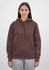 A brown women's hoodie with a front pocket, drawstring hood, and long sleeves, featuring a logo.