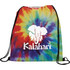 A vibrant tie-dye drawstring sportspack in rainbow colours, featuring a logo on the front.