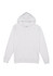 A white hoodie featuring a front pocket and a hood, with a small logo on the front.