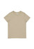 A beige women's short sleeve t-shirt featuring a simple design and a logo on the label.