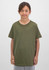 A kids' short sleeve tee in olive green, displayed on a young child standing against a neutral background.