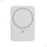 A white wireless charging power bank featuring a circular design and a directional indicator. It has a logo on the surface.
