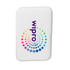A white wireless charging power bank with a colourful circular logo and a smooth finish.