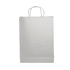 A plain white paper bag with handles and a flat base, featuring a simple design and an included logo.
