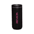 A drink bottle featuring a sleek black design with a pink logo. It has a vacuum-insulated structure.