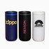 A drink bottle set featuring three tumblers in navy, black, and white, each with a logo on them.