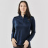 A women's 1/4 zip pullover in navy blue, featuring long sleeves and a subtle logo.