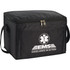 A black lunch cooler bag with a zip closure and a carrying handle, featuring a logo on the front.