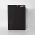A black A4 notebook with a textured cover and an inner pocket. It features a logo on the front.