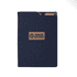 A navy blue notebook with a textured cover and a branded logo on the front.