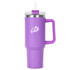 A drink bottle featuring a purple exterior, a clear lid, and a reusable straw with a handle. It has a logo on it.