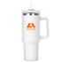A drink bottle in white with a clear lid and straw, featuring a logo. It has a sturdy handle for easy carrying.