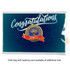 A die struck soft enamel badge in gold, placed on a decorative blue background with a "Congratulations" design.