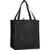 A black reusable grocery tote bag with sturdy handles and a rectangular shape, featuring a logo.
