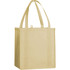 A beige non-woven grocery tote bag with two handles and a structured design. Features a logo on one side.