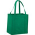 A green non-woven grocery tote bag with dual handles and a structured design. It includes a logo on the side.