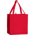 A red non-woven grocery tote bag with sturdy handles and a spacious interior. The bag features a logo.