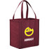 A maroon reusable grocery tote bag with a logo on the front and sturdy handles.