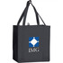 A dark grey reusable grocery tote with sturdy handles and a logo on the front, designed for carrying items.