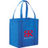 A blue non-woven grocery tote bag with two handles and a logo on the front.