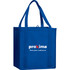 A blue non-woven grocery tote bag with sturdy handles and a logo on the front.