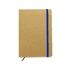 A brown notebook featuring a blue elastic band and a ribbon marker. It has a minimalistic design.