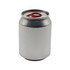 A silver can-shaped candle with a red pull tab at the top and a smooth surface. It has a simple design and a logo.