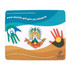 A mouse mat featuring a colourful design with hands, an emblem, and a logo, in shades of blue, green, red, and yellow.