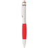 A metal pen with a silver body and a red rubber grip, featuring a clip and a branding logo.
