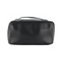A black toiletry bag with a zip closure and a carrying handle, featuring a logo on the front.