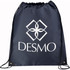 A large drawstring sportspack in navy blue, featuring a logo and black drawstrings.
