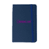 A navy blue notebook with a band, featuring a logo on the cover.