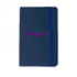A navy blue notebook with a band, featuring a logo on the cover.